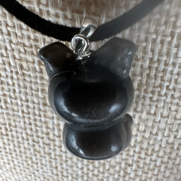 Silver Sheen Obsidian Kuromi Bead Pendant on Silver Bail and Faux Suede - Picture 9 of 9